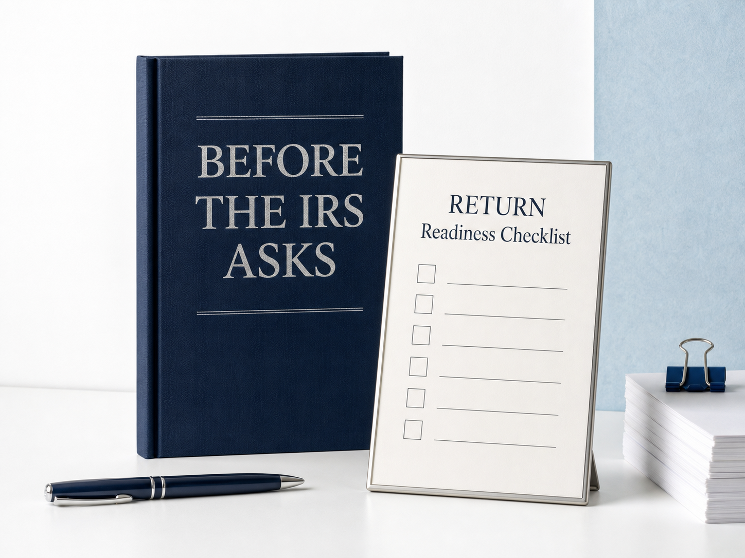 Navy hardcover book titled Before the IRS Asks beside the RETURN Readiness Checklist