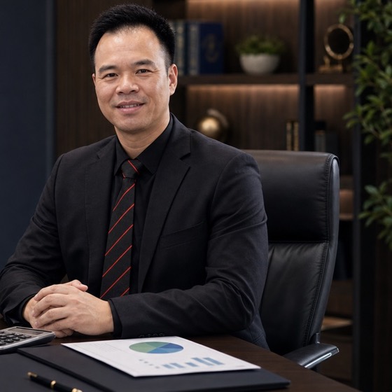 Jeff Huang, CPA, MBA, seated in his office